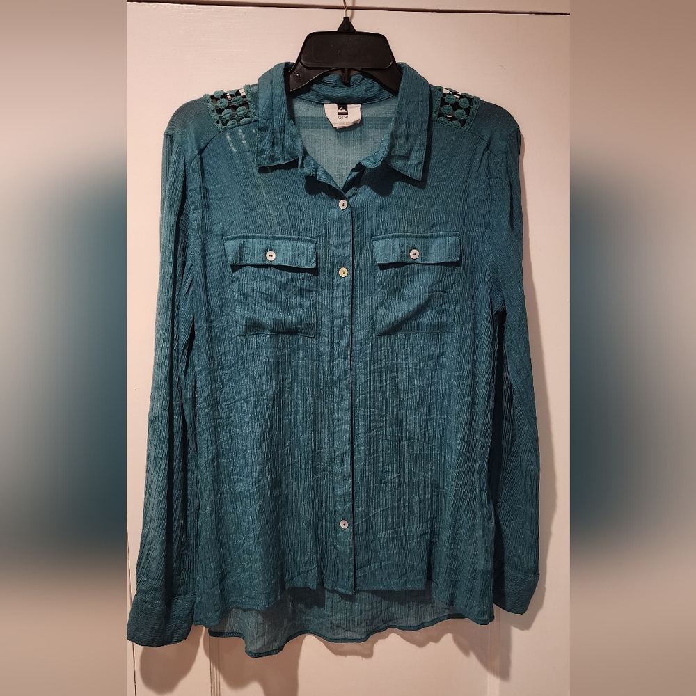 Quiksilver Collection Teal Semi-sheer Button Down Shirt, Size M